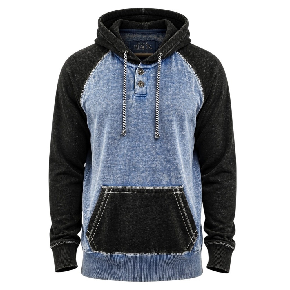 Buckle Black Fleece Hoodie Mens XL Athletic Fit Blue Black Acid Wash Henley